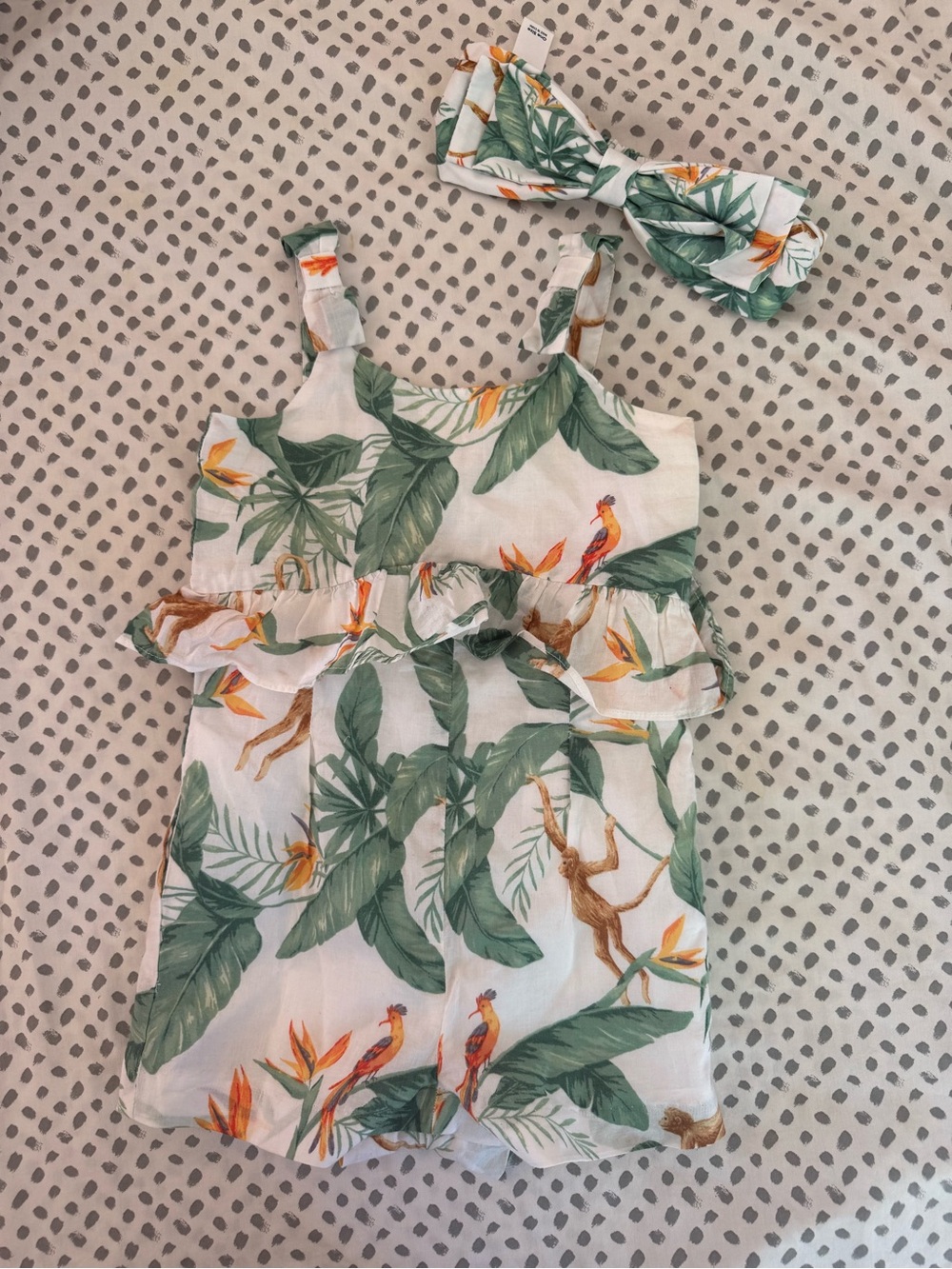 Janie and Jack white tropical palm monkey short romper with bow cotton, 12-18